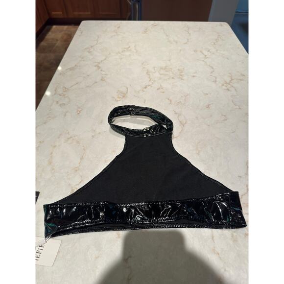 Iefiel Shiny Black Wet Latex Look Scoop Neck Stretchy Metallic Halter Top Sz S - Picture 6 of 10